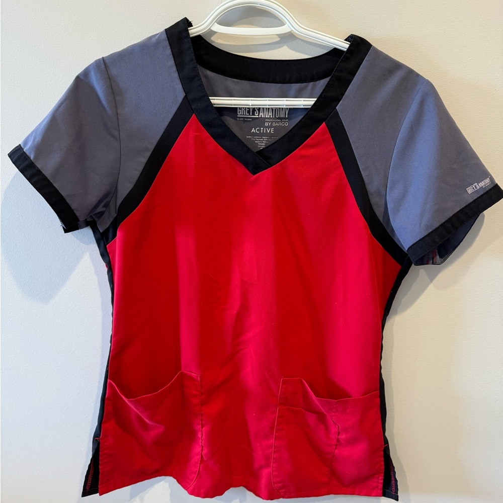 Grey's Anatomy Red and Gray Scrub Top